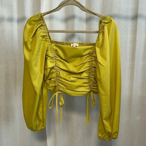 Long Sleeve Balloon Sleeve Ruched Crop Blouse, Size M